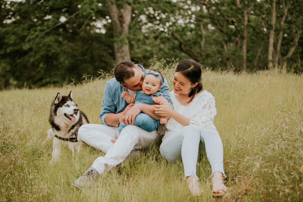 Stellavate Photography Victoria BC Family Photographer | family in a field with a baby and dog